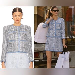 NEW! Veronica Beard Darla Tweed Blue Multi Collarless Button Up Jacket Size 00